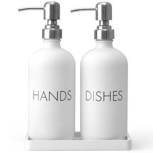 lot 19306 image: White Dish and Hand Soap Dispenser Set - Glass Kitchen Soap Dispenser with Tray and Stainless Steel Pump - for White Kitchen Decor and Accessories (Minor Cosmetic Damage)