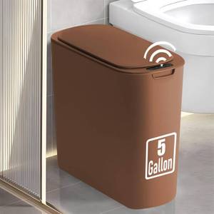 lot 19324 image: TIPGO 5 Gallon Motion Senor Bathroom Trash Can with Lid, Automatic Garbage Can Touchless, Smart Plastic Waste Basket for Narrow Spaces, Bathroom, Office, Bedroom, Living Room (Brown)