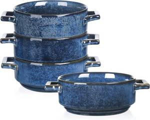 lot 19339 image: vicrays Ceramic Soup Bowls with Handles, 24 Oz Porcelain Soup Crocks for French Onion Soup, Cereal, Beef Stew, Chill, Pasta, Pot Pies, Microwave and Oven Safe, Set of 4 (Blue)