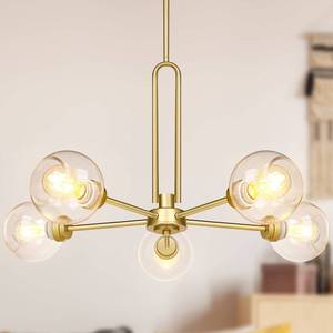 lot 19341 image: Yolsunes Globe Chandelier Pendant Lighting, Gold Modern Large Semi-Flush Ceiling Light Fixture with Clear Glass, 5-Light Sputnik Light Fixture Dining Room, for Kitchen Living Room Bedroom