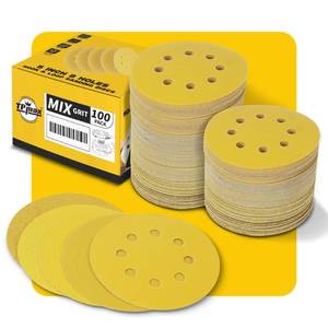 lot 19342 image: 100PCS 5 Inch 125mm 8 Hole Sanding Discs Sandpaper Mixed Grits - Premium Gold Round Hook and Loop for Random Orbital Sander (60, 80, 120, 220, 320 Grit Variety Pack)