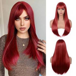 lot 19344 image: T-color Red Wig with Bangs for Women � Long Straight Heat Resistant Synthetic Wig for Daily Use, Party, Halloween, Cosplay � 24 Inch Red Wig for Girls