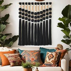 lot 19346 image: Macrame Wall Hanging Boho Wall Decor Black Fiber Yarn Wall Art Handmade Cotton Spherical Knot for Living Room Bedroom Nursery Office Home Decor27 W x 33in Lin