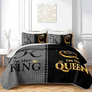 lot 19351 image: AILONEN Grey and Black Quilt Set Queen Size - K and Q Printed Crown Couple Quilted Bedding Set Bedspread Coverlet Comforter,Lightweight Bedspread 3-Piece Quilt and 2 Pillowcases