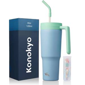 lot 19371 image: Konokyo Insulated Tumbler with Handle and Straw,40 OZ Vacuum Stainless Steel Water Bottle Travel Mug Metal Cup with Fruit Diffuser,Light Blue