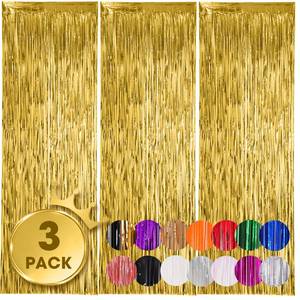 lot 20011 image: Voircoloria 3 Pack 3.3x8.2 Feet Gold Foil Fringe Backdrop Curtains, Tinsel Streamers, Fringe Backdrop for 2025 New Years Eve, Graduation, Birthday, Baby Shower, Gender Reveal, Disco Party
