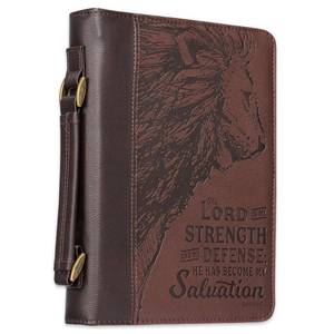 lot 20021 image: Christian Art Gifts Menfts Classic Bible Cover The Lord is My Strength Lion Exodus 152, Brown Faux Leather, Medium (Handle Broken)