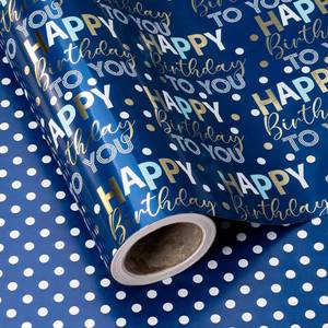 lot 20065 image: WRAPAHOLIC Reversible Birthday Wrapping Paper - Mini Roll - 17 Inch x 9.8 Feet - Blue and Gold Foil Happy Birthday Wrapping Paper for Boys, Men, Kids, Baby Shower