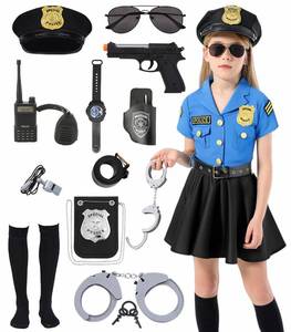 lot 20072 image: DIYLN 9 Pcs Halloween Police Officer Costume Kids Girls Cop Policeman Cosplay Uniform Outfits with Gear Stuff Accessories Handcuffs Badge Whistle Glasses DY013M