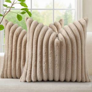 lot 20084 image: decorUhome Cozy Faux Fur Throw Pillow Covers 18x18 Set of 2 Decorative Soft Plush Striped Modern Farmhouse Boho Couch Pillow Cases with Velvet Back for Sofa Bed Living Room, Khaki Brown