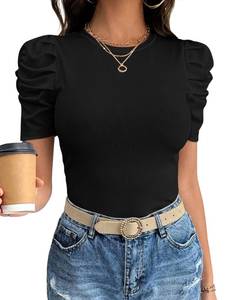 lot 20096 image: ANRABESS Women Puff Short Sleeve Crewneck Dressy Casual Tops Summer Fitted Ribbed Knit Trendy Work Shirts 2026 Spring Clothes PINK NOT BLACK Medium