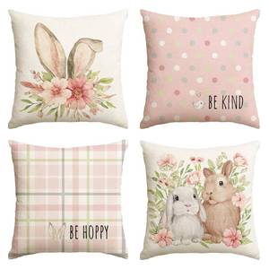 lot 20099 image: AVOIN colorlife Easter Rabbit Flower Buffalo Plaid Be Hoppy Throw Pillow Cover, 20 x 20 Inch Polka Dot Bird Be Kind Cushion Case Decoration for Sofa Couch Set of 4