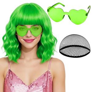 lot 20135 image: PLULON Grass Green Short Wavy Wig Heart Sunglasses for Women, Colored Bob Style Shoulder Length Wigs with Bangs Funny Party Hair for Nightclubs Bachelorette Party Carnival St. Patrickfts Day