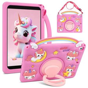 lot 20141 image: VOFUOE for iPad 9th8th7th Generation Case for Kids Girls with Shoulder Straps 360 ° Rotating Stand Rainbow Unicorn Soft Silicone Protective Cover for iPad 10.2 Case 2021 2020 2019 -Hot Pink