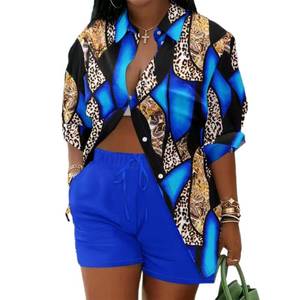 lot 20170 image: Mandonce 2 Piece Outfits for Women Long Sleeve Printed Shirt and Elastic Lace-Up Shorts with Pockets Beach Vacation Clothes (SHORTS ONLY) Medium