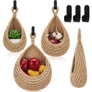 lot 20480 image: Honeydak Boho Decor Hanging Wall Baskets for Kitchen 3 Pack Teardrop Baskets with Hooks Storage Fruit Onion Vegetable Potato for Home 3 Sizes(Light Linen,Teardrop,Cotton Rope)