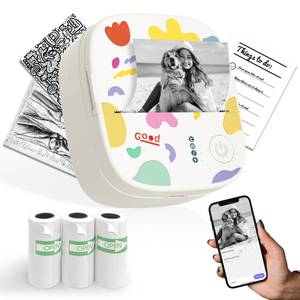 lot 20483 image: XenGro Mini Sticker Printer AHM2, Mini Thermal Printer with 3 Rolls Paper, Portable Bluetooth Inkless Printpods, Pocket Label Maker Suitable for Creative Kids DIY, Diaries, Photos, Study Notes -White
