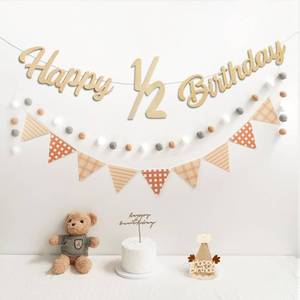 lot 20490 image: Happy 12 Birthday Banner Pre-Strung Pennant Felt Fabric Banner Flags and Pom Pom Garland, Party Hat for Half Birthday Decorations, Reusable Half Way to One Bunting Sign for Girl Boy 6 Months Party