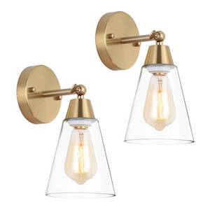 lot 1301 image: MWZ Gold Wall Sconce Set of 2,Modern Brushed Brass Sconces Lighting with Clear Glass Shade,Bathroom Light Fixtures Over Mirror,Vanity Lights Over Sink,Indoor Wall Mount Adjustable Angle Lamp