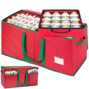 lot 1306 image: inin Christmas Ornament Storage Box with Adjustable Dividers,Christmas Ornaments Organizer with Zippered Top,Storage Container Bin with Side Pockets for Holiday Decorations(128 Ball, Red, with Tray)