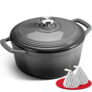 lot 1317 image: Overmont Enameled Cast Iron Dutch Oven - 5.5QT Pot with Wide Handles Lid Cookbook & Cotton Potholders - Heavy-Duty Pre-Seasoned Cookware Oven Safe to 500°F for Braising, Stews, Roasting, Sourdough Baking Grey