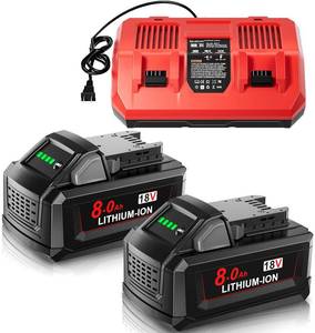 lot 1323 image: M18 Battery Replacement for Milwaukee and Dual Charger 18V Lithium 8.0Ah Compatible with 48-11-1815 48-11-1820 48-11-1840 48-11-1850 48-11-1860 Cordless Tools 2Pack