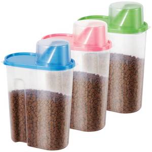 lot 2328 image: SenseYo 3 Pack 2lb 2.5L Pet Food Storage Container with Measuring Cup BPA Free for Small Dog, Cat, Bird (Blue Pink Green)