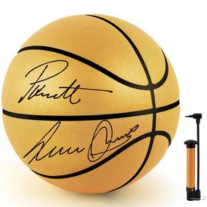 lot 2340 image: Hiboom Autograph Memorabilia Signed Basketball with Air Pump for Awards Trophy Banquets Senior Night Milestones Coach Basketball Lover Gift Indoor Outdoor(Size 7,Gold,1 Pcs)