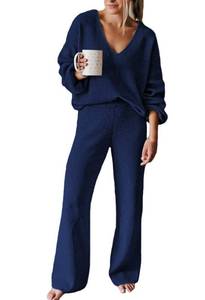 lot 2362 image: Viottiset Womens 2 Piece Outfits Sweater Lounge Set V Neck Knit Top Wide Leg Pants Sweatsuit Dark Blue M