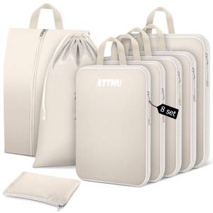lot 2365 image: 8 Set Compression Packing Cubes for Travel, Expandable Compression Cubes for Suitcases, Lightweight Suitcase Organizer with Shoes & Laundry Bags, Travel Accessories for Men Women (Beige)