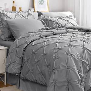 lot 2369 image: JOLLYVOGUE Grey Queen Comforter Set, 7 Pieces Pintuck Comforters Queen Size, Bed in a Bag Queen Comforter for Bedroom, Bedding Comforter Sets with Comforter, Sheets, Ruffled Shams & Pillowcases