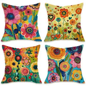lot 2390 image: Fahrendom Colorful Floral Decorative Throw Pillow Covers 18 x 18 Set of 4, Retro Abstract Flower Geometric Porch Patio Outdoor Pillowcase, Spring Summer Botanical Sofa Couch Cushion Case Home Decor