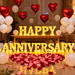 lot 3831 image: Happy Anniversary Decorations, Light up Letters Sign, with Rose Petals, Round Pearlescent Balloon, Aluminum Balloons, Light LED Neon, Table Decor for Valentines Day Wedding Romantic Party