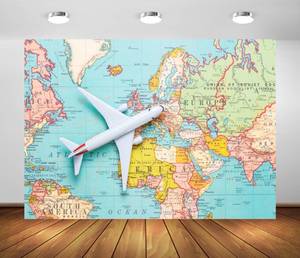 lot 4318 image: BELECO 10x6.5ft Fabric Around The World Travel Backdrop World Map Airplane Adventure Awaits Background Let The Adventure Begin Birthday Baby Shower Party Decorations Banner Photo Booth Studio Props