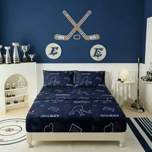 lot 4319 image: QOOMO Hockey Breathable Room Decoration Blue Pentagrams Silky Soft Microfiber Bed Sheets Set Hockey Pucks Player Kids Sheets Set Twin Size 1 Fitted Sheet, 1 Flat Sheet, 2 Pillow Cases