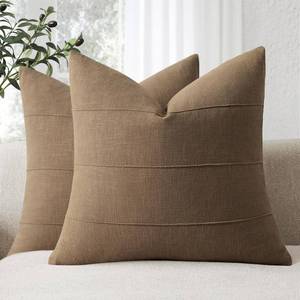 lot 4336 image: ZWJD Decorative Linen Throw Pillow Covers 20x20 Set of 2 Solid Handcrafted Striped Cushion Covers for Bed Soft Modern Farmhouse Neutral Pillowcase for Couch Bedroom Living Room Home Decor(Coco Brown)