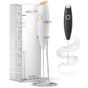 lot 4353 image: Milk Frother White - Coffee Frother Handheld with Electric Whisk - 19000 rpm - Book Recipes and Stainless Steel Stand Included - Hand Mixer Electric (White and Gold)