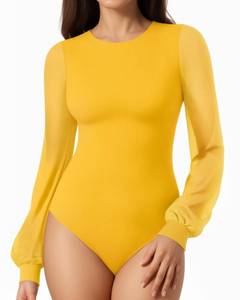 lot 4356 image: MANGOPOP Women��s Sheer Mesh Puff Long Sleeve Bodysuit Double Lined Crew Neck Thong Body Suits Trendy Fall Tops 2025, Yellow, Small