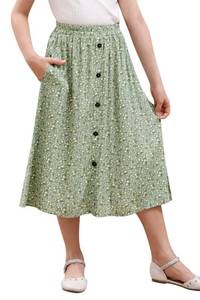 lot 4380 image: GORLYA Girls A-Line Elastic High Waist Pleated Swing Maxi Skirt with Pockets for 4-14T(GOR1142,Green Print,12Y)