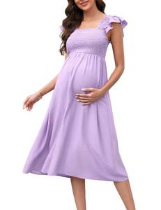lot 4399 image: BeautyNee Maternity Maxi Dress for Photoshoot Baby Shower Short Sleeve Square Neck Smocked Midi Dress Wedding Guest Dresses for Women Purple L
