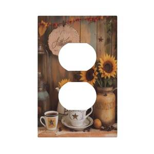 lot 4407 image: Spshian Vintage Coffee Mug Kitchen Sunflower Farmhouse Wood Plank 1 Gang Duplex Outlet Covers Decorative Single Light Switch Covers Electrical Receptacle Wall Plate Plug Switchplate Faceplate Decor