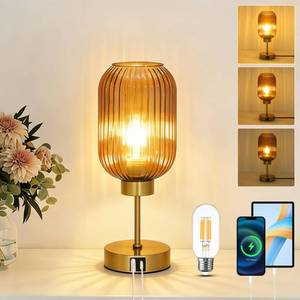 lot 9017 image: LAMSU Vintage Gold Touch Table Lamp, Small Desk Lamp with Amber Glass Shade, Bulb, Charging Port, Mid Century Modern Bedside Lamp, 3 Way Dimmable Nightstand Lamp for Bedroom Living Room Home Office