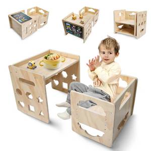 lot 9018 image: Satisure Montessori Weaning Table and Chair Set, Wooden Toddler Table and Chair Set, 1-3 Age Kids Table and Chairs with Blackboard & 3 Heights Adjustable for Eating & Drawing & Reading