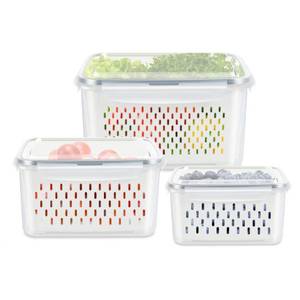 lot 9036 image: 3 Pack Fruit Storage Containers for Fridge, Produce Saver Vegetable Container with Drain Colanders - Refrigerator Organizer for Lettuce Berry Keepers