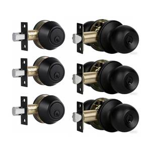 lot 9059 image: Keyed Alike Exterior Door Knob and Deadbolt Set, Single Cylinder Deadbolt Lock and Door Knob Set, Matte Black Door Locks for Front Door(3Pack Set)