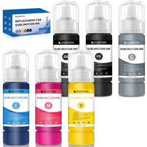 lot 10010 image: GUBFFON Sublimation Ink for Ecotank ET-8550 ET-8500 Wide Format Supertank Printers Heat Press Transfer on T-Shirt Tumblers(6x100ml BK PB C M Y GY) Auto-Fill ICC-Free