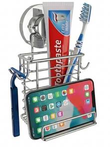 lot 10467 image: Toothbrush Holder Suction Cup Wall Mounted Toothpaste and Toothbrushes Holder Shelf for Soap Dish or Phone Powerful Vacuum System Rustproof Stainless Steel Organizer Electric Toothbrush (Silver)