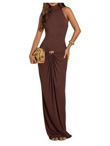 lot 10474 image: Floerns Womens Wedding Guest Dress Ruched Mock Neck Sleeveless Cocktail Dinner Maxi Dresses Chocolate Brown Medium