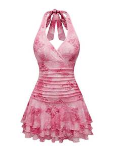 lot 10488 image: WDIRARA Womens Y2k Leopard Print Halter Dress Tie Backless Layered Ruffle Hem Mini Dresses Pink Flower Large