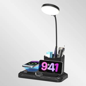 lot 11745 image: KDD 4 in 1 Desk Lamp with Wireless Charger - 360° Rotating Gooseneck Small Table Lamp with Pen Holder & Phone Stand, Adjustable White and Warm Light Dual Mode LED Desk Light for College Dorm Room (Turns on)